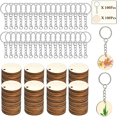 FOCCTS 100Pcs of Natural Wood Slices, Unfinished Predrilled Log Discs Wooden Circles with 100Pcs Key Rings Combination Set, Perfect for DIY Christmas Decorations Ornaments Cover