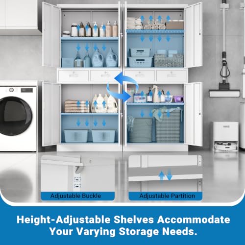 Image of Metal Storage Cabinet with Lock Door, Adjustable Shelves, 2 Drawers