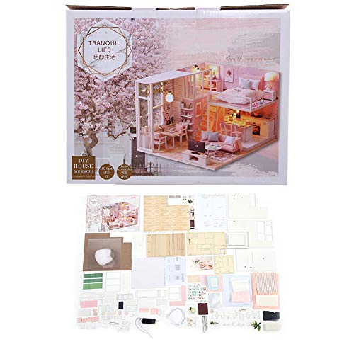 Puppenhaus Miniatur mit Möbeln, Maßstab 1: 24 Wooded DIY Puppenhaus Kit Pink Sweet Cute Modern Loft Modell Romantische Kunstwerk Lernspielzeug Geburtstagsgeschenk für Mädchen