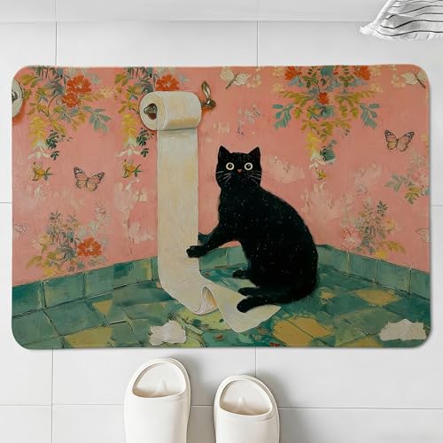 Cz tulip Funny Black Cat Bathroom Mat,Playful Pink Floral Butterfly Toilet Scene Kitchen Mat,Cute Whimsical Cat Decorative Mats Rug for Bathroom Dressing Table Shower Tub Kitchen Entry Door,24x16Inch
