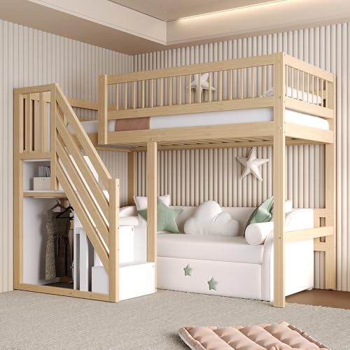 Etagenbett 90x200, Kinderbett Hochbett mit Treppe & Aufbewahrungsschrank, Massivholz Funktionsbett Einzelbett Stockbett Spielbett Kinderhochbett Jugendhochbett mit Lattenrost, Ohne Matratze,Holzfarbe Etagenbett 90x200, Kinderbett Hochbett mit Treppe & Aufbewahrungsschrank, Massivholz Funktionsbett Einzelbett Stockbett Spielbett Kinderhochbett Jugendhochbett mit Lattenrost, Ohne Matratze,Holzfarbe