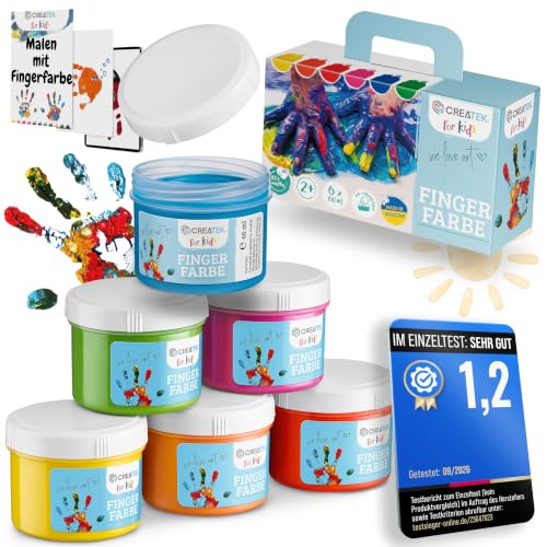 CreaTek Fingerfarben Kinder ungiftig ab 2 Jahre, 6x60 ml, vegan geruchlos