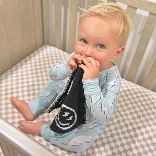 Image of L+L USA Smiley Face Baby Lovey Pacifier /Teether Holder 10 inchx10 inch - DreamSoft Plush Fluffy Cuddly Soothie Reversible Mini Comfort Blanket - Cute Newborn Gift Essential Babies Boys and Girls (Black /White)