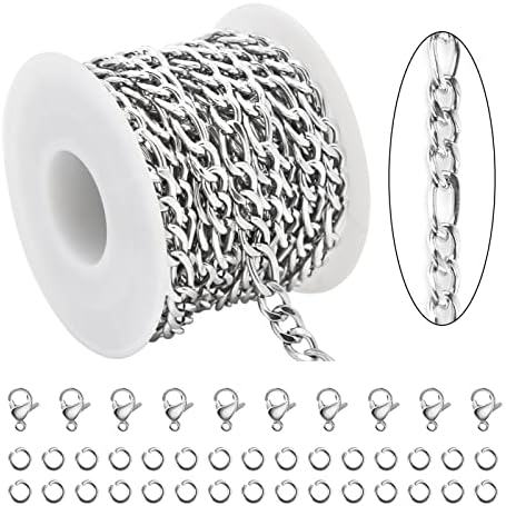 KYUNHOO 5 Meters Silver Chain Bulk 304 Stainless Steel Jewelry Making Supplies Figaro Chain Spool for Bracelet Necklace DIY Decorative Chain with Jump Rings and Lobster Clasps