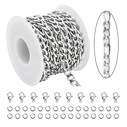 Kyunhoo 5 Meters Silver Chain Bulk 304 Stainless Steel Jewelry Making Supplies Figaro Chain Spool For Bracelet Necklace Diy Decorative Chain With Jump Rings And Lobster Clasps #TOP2