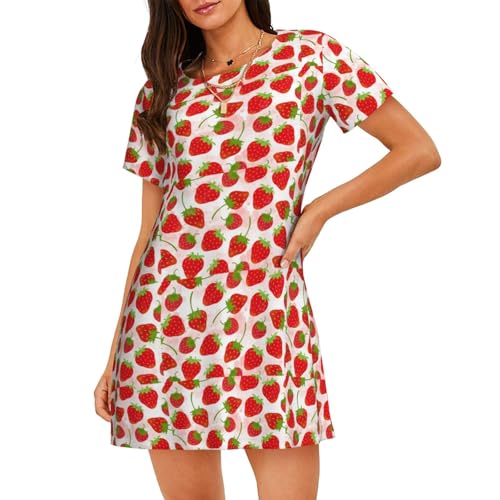 Chemise de nuit femme manches courtes imprimé fraise pyjama léger été