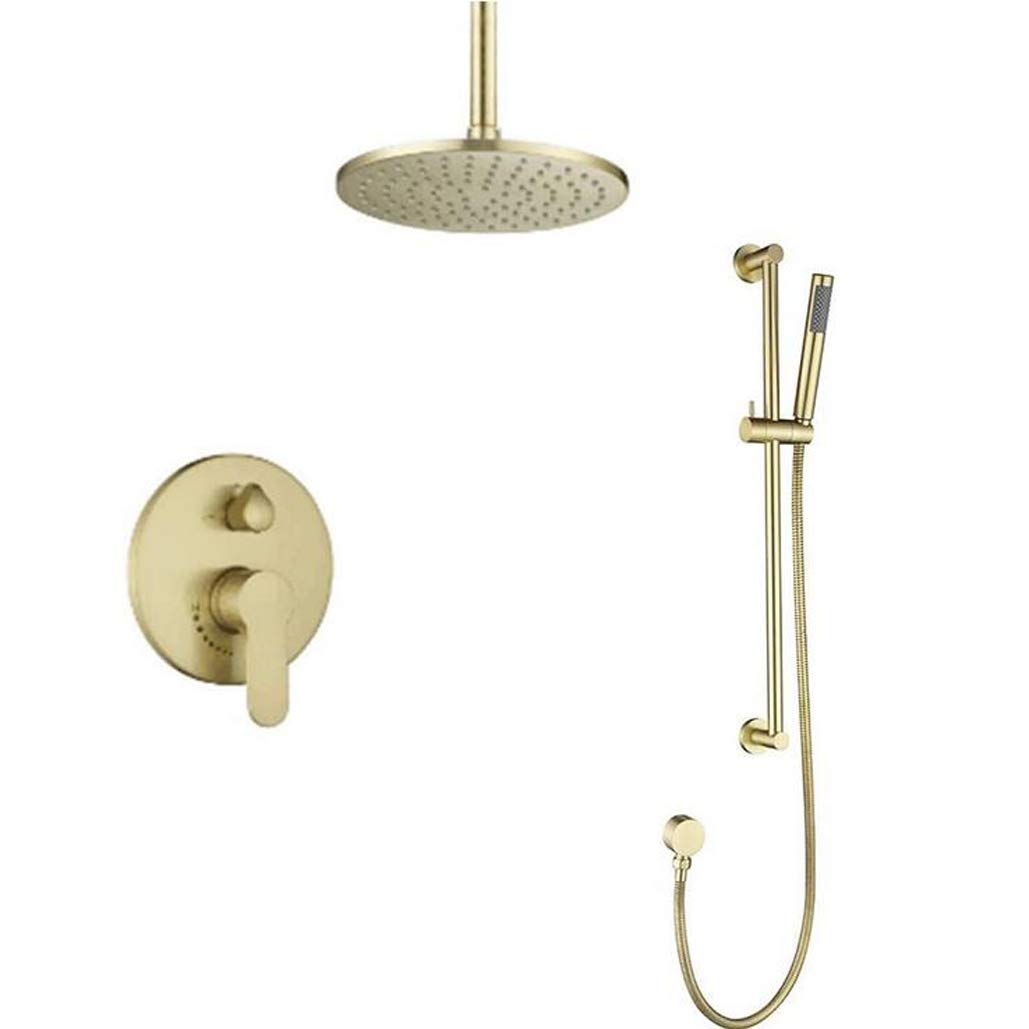 OZBMA Shower Set System, Concealed Ceiling Bathroom Brass Round 8-12 Inch Brushed Gold Rainfall Faucet System with Slide Bar Set, Set,10 inch (size_name 10 Inch)
