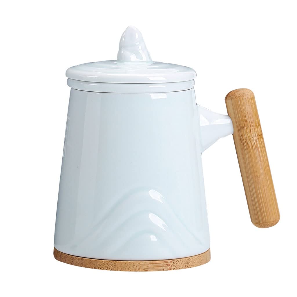 HSQMA Tasse À Thé en Céramique avec Couvercle, Tasse À Thé avec Poignée en Bois, Tasse À Thé avec Filtre pour La Maison Et Le Bureau， Convient pour Le Café, Le Thé Et Le Lait