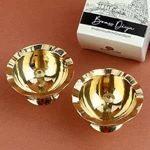 Satvik 2 Pc Pure Brass Diya for Pooja Tibetan Butter Lamp Buddhist Altar Supplies Tea Light Holder Indian Puja Kutthu Vilakku Deepam Meditation Offering Indian Diwali Mandir Housewarming Return Gifts