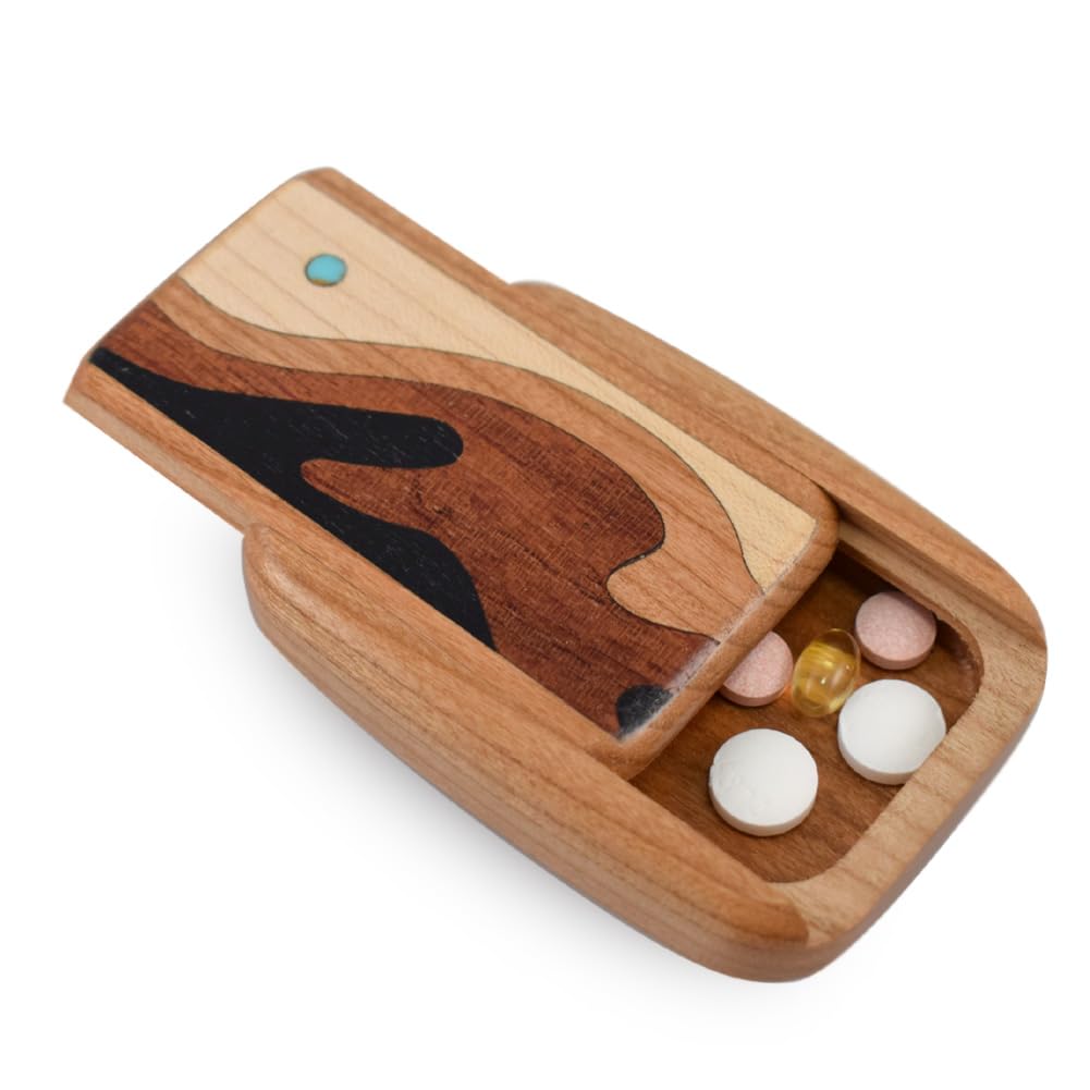 Modern Artisans American Made Pocket-Sized Pill Box (Thin Size) - Cherry Wood with Inlaid Wave Design