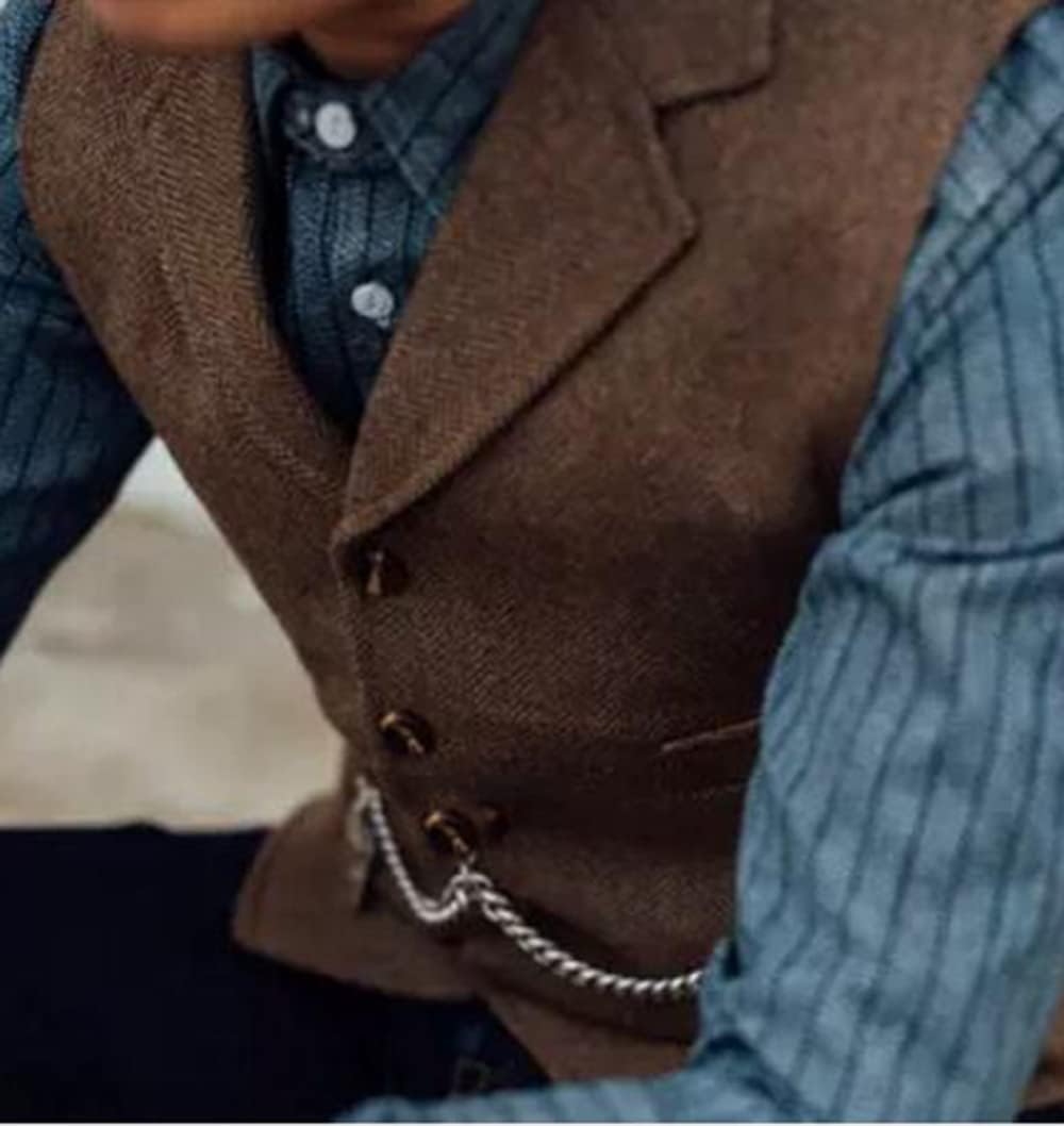 Vintage Men Vest Slim Fit Tweed Wool Herringbone Business Waistcoat for Wedding Groomsmen