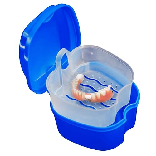 Miniatura 4 de Caja de baño para dentaduras postizas, caja de almacenamiento de ortodoncia con cesta coladora para limpieza de viajes (azul oscuro, azul claro,