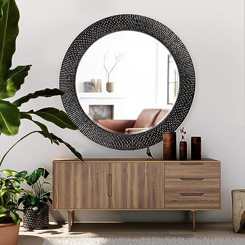 Image of Howard Elliott Bergman Big Round Mirror for Wall Decor, Black Mirror with Starburst Effect, Modern Large Circular Hanging Wall Vanity Mirror for Living Room, Bathroom or Entryway, 54 x 54 Inch