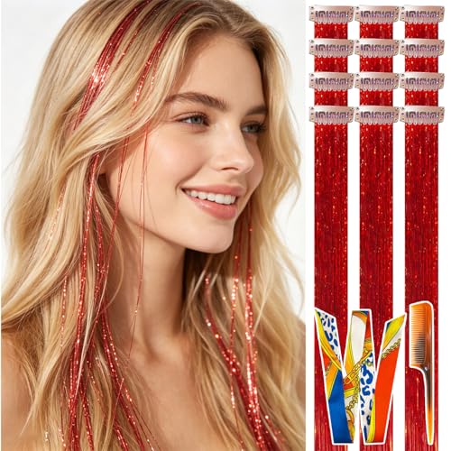 CELINABELLA Bright Red Hair Tinsel Clip-in 23Inch 70Strands Heat Resistant Full Head Vibrant Sparkle Extensions 12PCS with Comb & Ribbon for Women Teens Wedding Gala