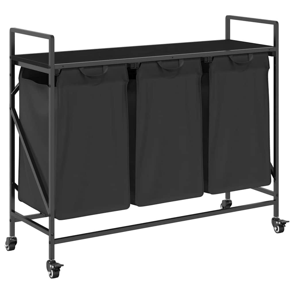 vidaXL Laundry Basket 3 Compartments with Wheels Black Oak, laundry hamper, rolling laundry basket, laundry basket with shelf