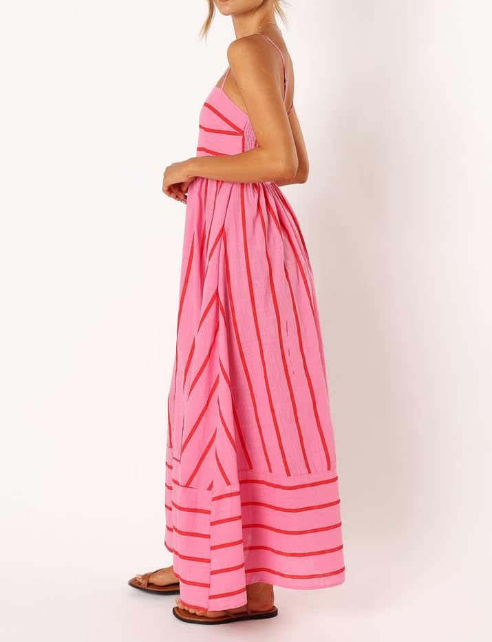 Image of NUFIWI Women Summer Striped Maxi Dress Spaghetti Strap Cutout Ruffle Long Dress Flowy Swing Beach Vocation Dress