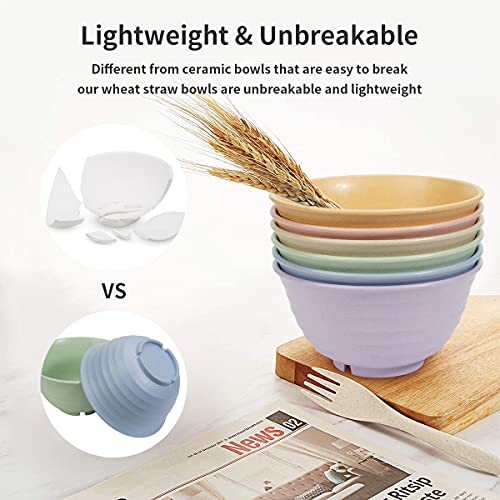 Sgaofiee Unbreakable Cereal Bowls - 30 Oz Wheat Straw Fiber Lightweight Bowl Sets Of 6 - With 6 Spoons & 6 Forks - For Rice Noodle Soup Breakfast Bowls - Dishwasher & Microwave Safe #TOP2