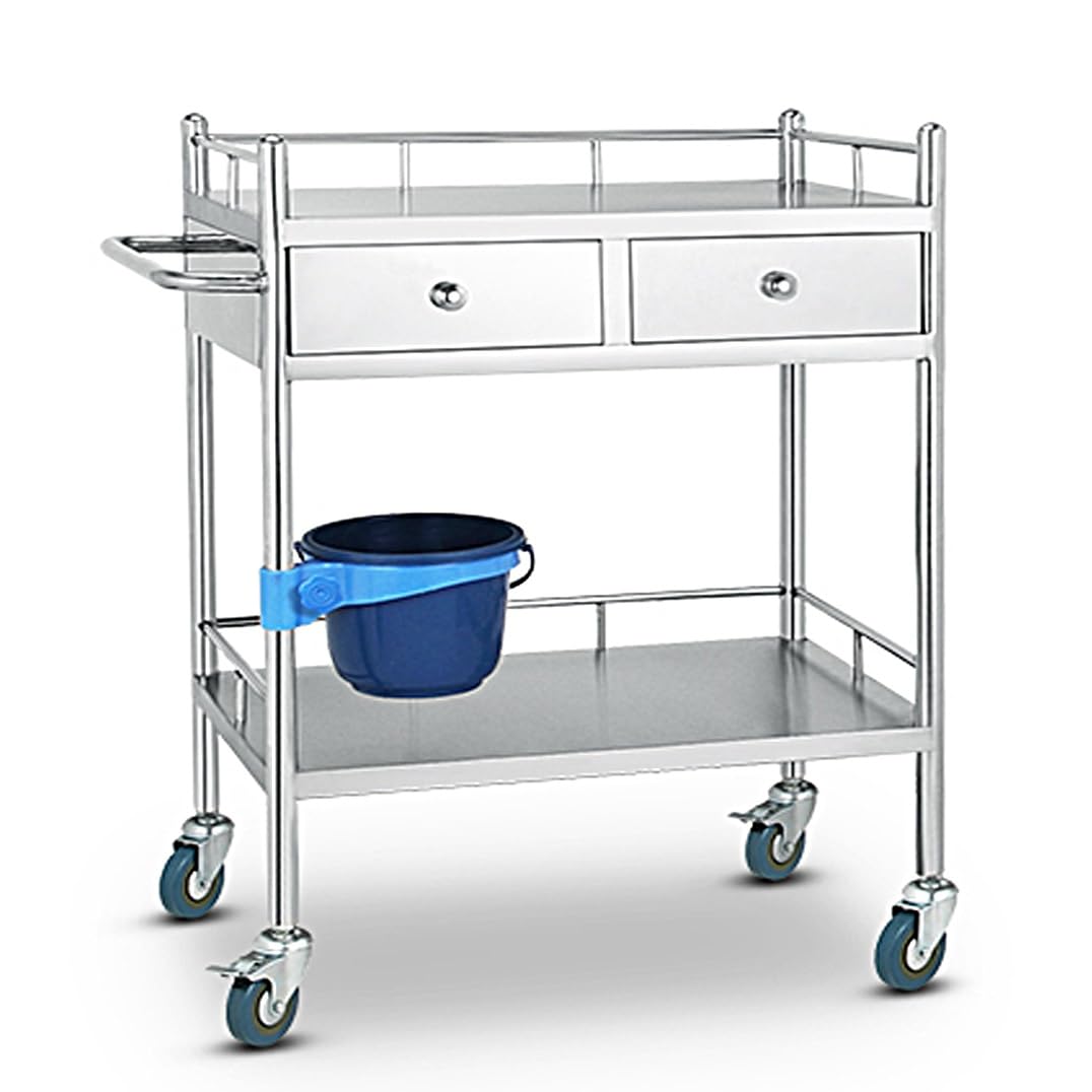 Lab Rolling Cart, Trolley Cart, Medical Utility Cart, 3 Shelves Shelf Stainless Steel Rolling Cart, Catering Dental Clinic Utility Cart with Dirt Bucket, 2 Drawer (Color : 2 Layer, Size : L 26