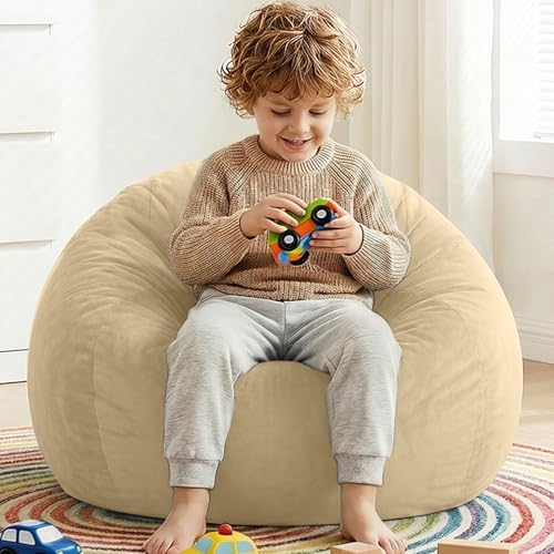 Image of Stuffed Animal Storage Bean Bag Chair Cover for Kids (No Filler), Soft Comfy Velvet Beanbag Chair Cover Machine Washable, Kids Bean Bag Chair with Handle for Living Room Bedroom Dorm, Camel