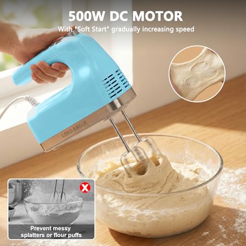 Image of Lord Eagle 9-Speed Digital Hand Mixer Electric Handheld, 500W DC Motor Kitchen Mixer for Cake Baking, Lightweight Egg Beaters with Stain-resistant & Waterproof Storage Bag & 6 Accessories, Blue