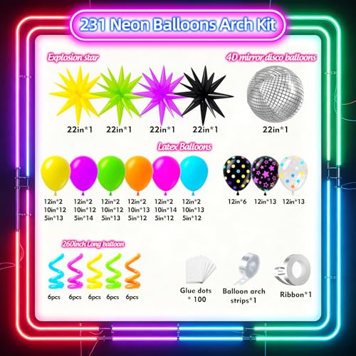 Image of 231Pcs Neon Balloons Arch Garland Kit with Glow in the Dark Balloons & 260 Balloon, Neon Balloon Arch Kit for Back to 80s 90s DISCO Birthday Party Fiesta Let's Glow Party Rock Roll Party Decor
