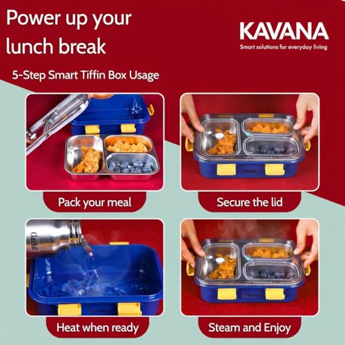 Image of KAVANA Lunch Box 3 Compartment Leak-Proof BPA Free Stainless Steel, Lunch Box for Kids, Lunch Box for School & Office with a Fork, a Spoon (Blue), 750 ml (Dark Blue)
