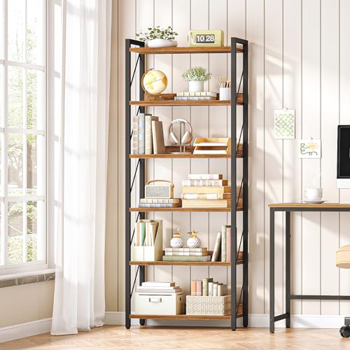 Image of HOOBRO Bookshelf, 6-Tier Industrial Bookcase, Book Shelf Storage Organizer, Tall Bookshelf with Metal Frame for Living Room, Bedroom, Home Office, Kitchen, Rustic Brown and Black BF726SJ01