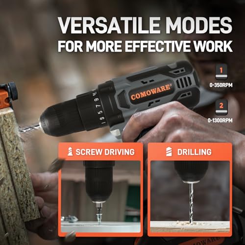Image of COMOWARE Cordless Drill Set, 20V Electric Power Drill Set,1 Battery & Charger, 3 /8 inch Keyless Chuck, 2 Variable Speed, 266 In-lb Torque, 25+1 Position, Orange