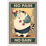 Funny Cat Workout Canvas Wall Art Chubby Cat Bodybuilding Weightlifting Poster Gym No Pain No Gain Inspirational Prints Painting For Exercise Room Living Room Bedroom Wall Decor 8x12in Unframed