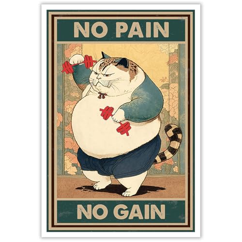 Funny Cat Workout Canvas Wall Art Chubby Cat Bodybuilding Weightlifting Poster Gym No Pain No Gain Inspirational Prints Painting For Exercise Room Living Room Bedroom Wall Decor 12x16in Unframed