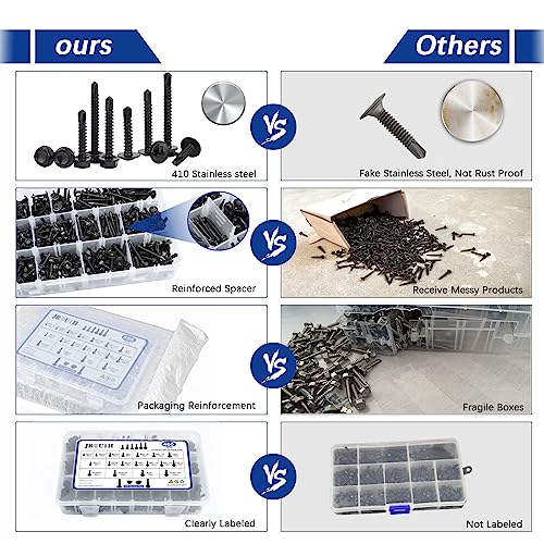 Jrouth ZWLS-465 Pcs Self Drilling Screws, 410 Stainless Steel Self Tapping Screws #8#10 For Metal-2 Type Head(Hex/Round)1/2 Inch To 2 Inch Sheet Metal Screws Assortment Set For Building, Metal, Wood thumb #3
