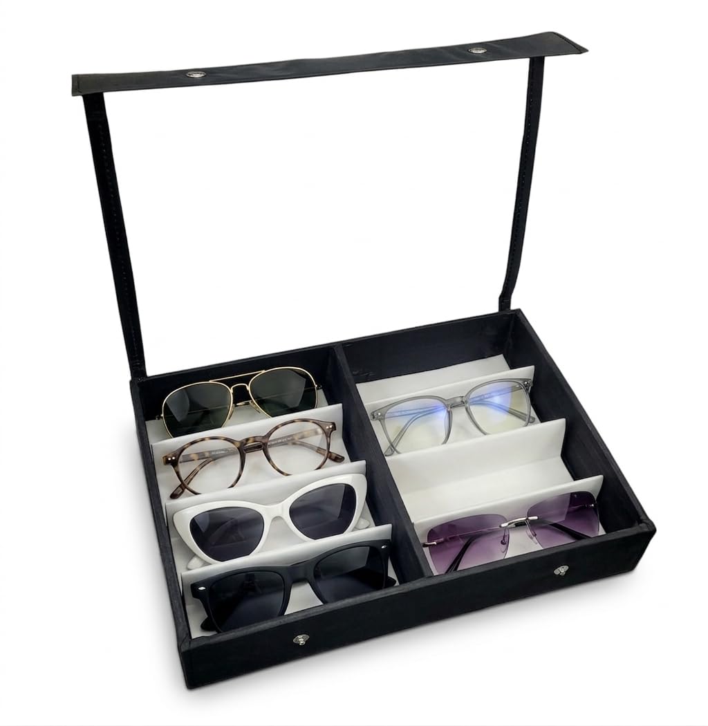 Unisex Sunglass/Eyewear/goggles Box Case Cover Zipper 8 pcs compartment Storage organizer - Made in India (Clear Black)-image-11