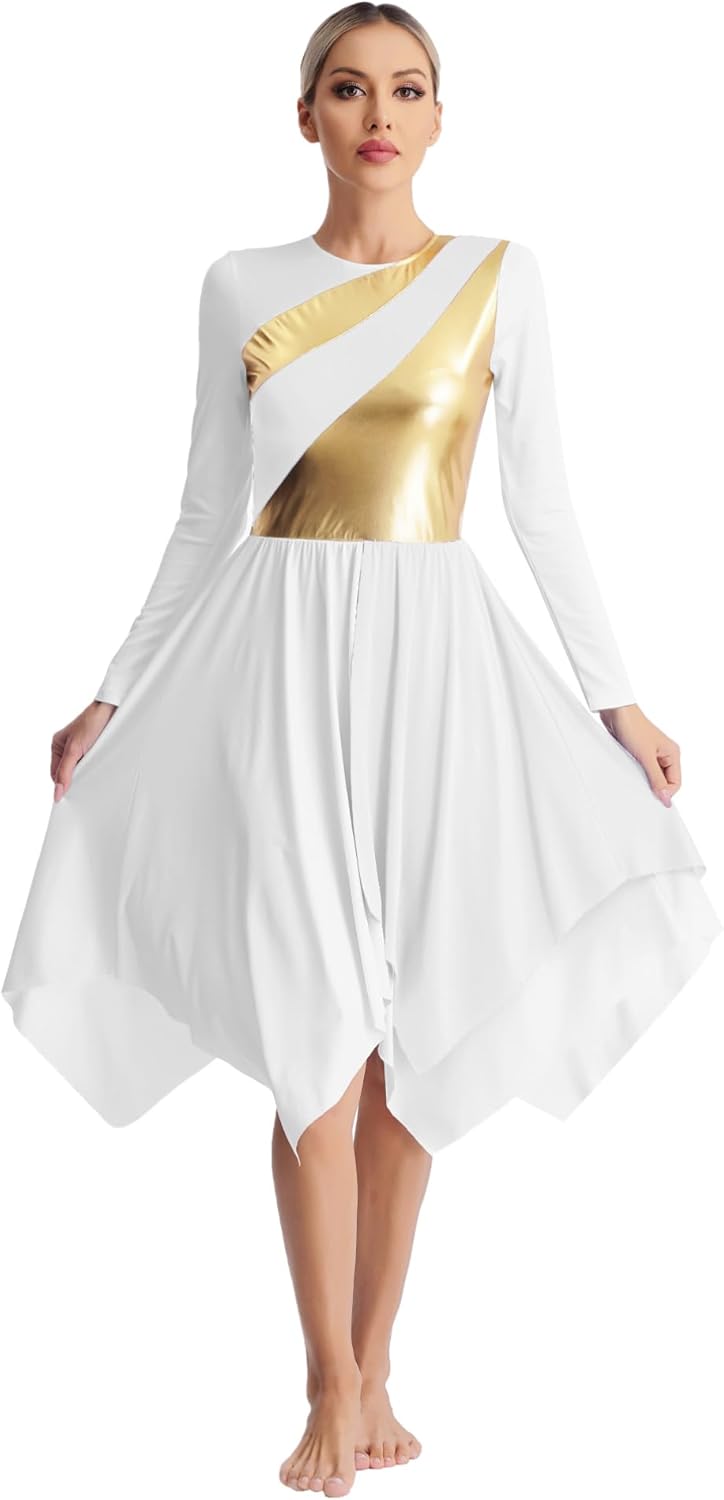 Women Metallic Long Sleeve Praise Dance Dresses Color Block Liturgical Dancewear Lyrical Worship Dance Tunics