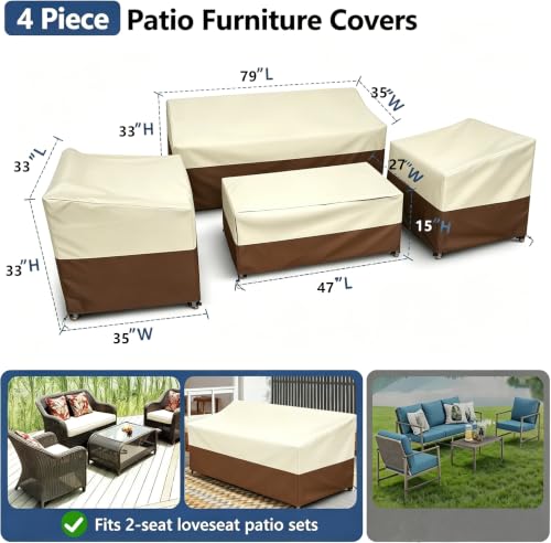Image of STARTWO Outdoor Furniture Cover Waterproof, 600D Heavy Duty, 4 Piece Patio Furniture Set Cover for Outside Couch, Lawn Chairs, Coffee Table, Windproof with Buckle Strap, Beige