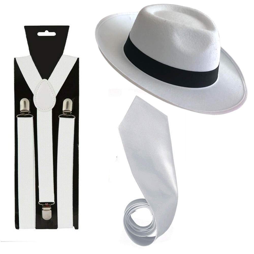 Golden Beads MEN GANGSTER HAT TIE BRACES SET FELT TRILBY AL CAPONE 1920's FANCY DRESS (White, W.Braces+W.Hat+W.Tie)