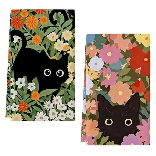 JDCMEI Lot de 2 Torchons de Cuisine en Microfibre, Torchons de Cuisine avec Motif de Chats et de Fleurs, Doux & Absorbants, Décoration de Cuisine Amusante, 46...