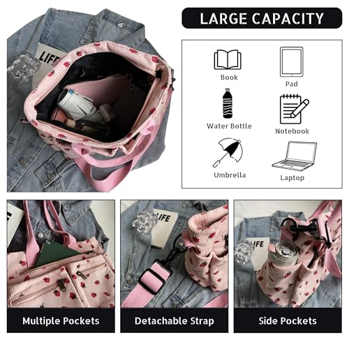 Strawberry Print Corduroy Tote Bag, Hobo Shoulder Bag for Women, Multi-Compartment Cute Crossbody Purse3