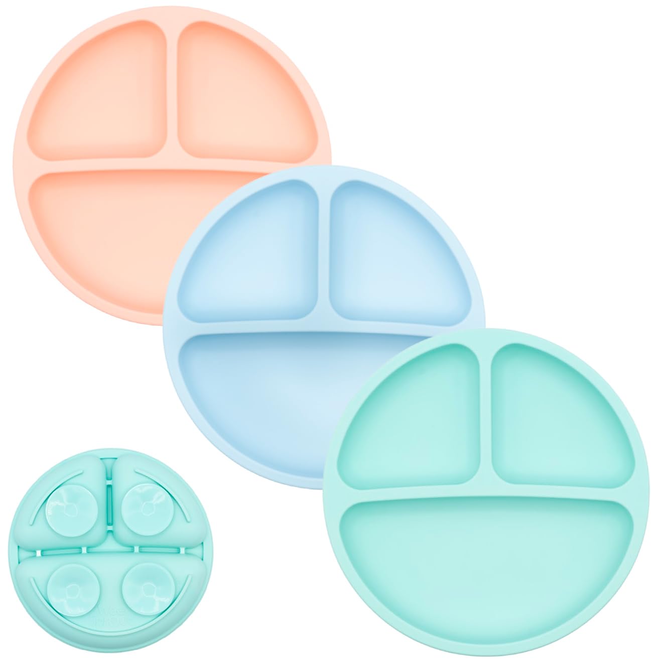 WeeSprout Suction Plates for Babies &amp; Toddlers - 100% Silicone, Dinnerware Stays Put, Divided Design for Picky Eaters, Microwave &amp; Dishwasher Friendly, 3 Pack