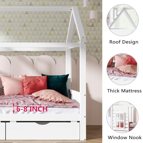 Aoowow-Twin-Size-Kids-House-Bed-with-2-Drawers-Wooden-Platform-Twin-Bed-Frame-with-Window-and-Roof-for-Bedroom-Modern-Twin-Size-Kid-Playhouse-Bed-with-Slats-for-Boys-Girls-Can-be-Decorated-White Aoowow Twin Size Kids House Bed with 2 Drawers Wooden Platform Twin Bed Frame with Window and Roof for Bedroom Modern Twin Size Kid Playhouse Bed with Slats for Boys Girls Can be Decorated White