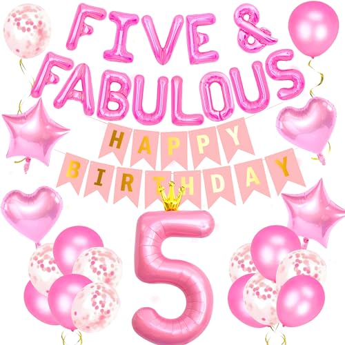 41 PCS Pink Five & Fabulous Birthday Decoration Girl Five & Fabulous Balloon Pink Number 5Balloons Girl 5th Birthday Decoration