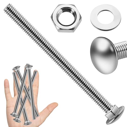 Image of (4 Sets) 3 /8-16 x 5 Carriage Bolts with Nuts and Washers, 304 Stainless Steel Round Head Square Neck 3 /8 Carriage Bolts Screws, Full Thread for Outdoor