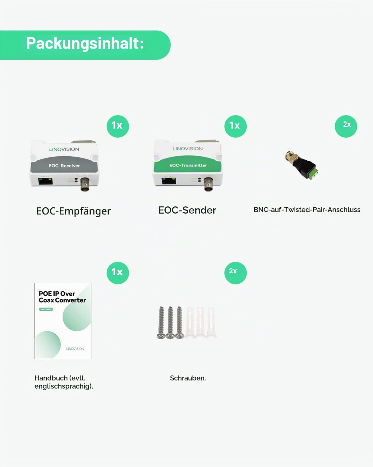 LINOVISION POE über Koax EOC Konverter IP über Koax Max. 3000 Fuß Strom- und Datenübertragung über RG59-Koaxialkabel zur Aufrüstung des analogen Überwachungssystems auf EIN IP-Überwachungssystem