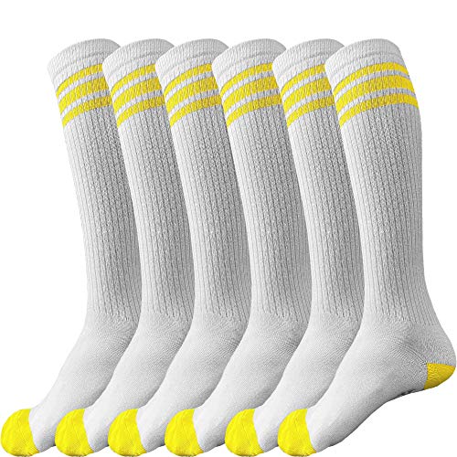 juDanzy 3 Pairs of Knee High Boys or Girls Stripe Team Tube Socks for Soccer, Basketball, baseball and Everyday Wear, White With Yellow Stripes, 2-4 Years