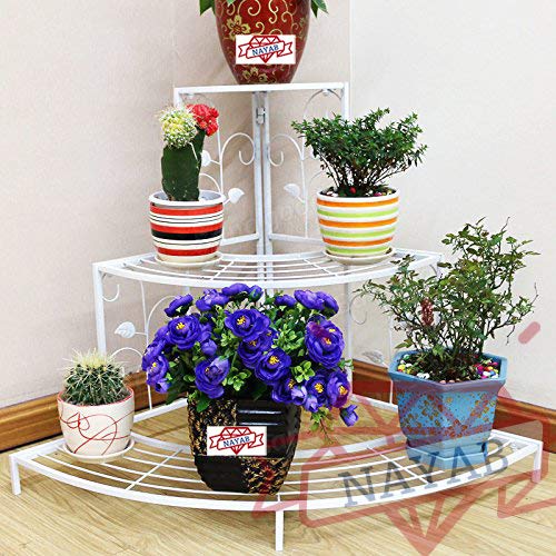 Image of NAYAB 3 Tier Metal Plant Stand, Stair-Step Style Display Ladder | Corner Shelf Metal Flower Pot Rack for Garden Balcony Indoor Outdoor (Ivory)