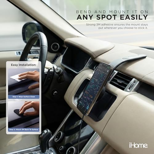 Image of iHome Car Mount, Dashboard /Windshield /Vent Mount, Swivel Neck, Silicone Grip, Adjustable Mount Arm with Suction Cup Base (Magnetic Car Mount 15W)