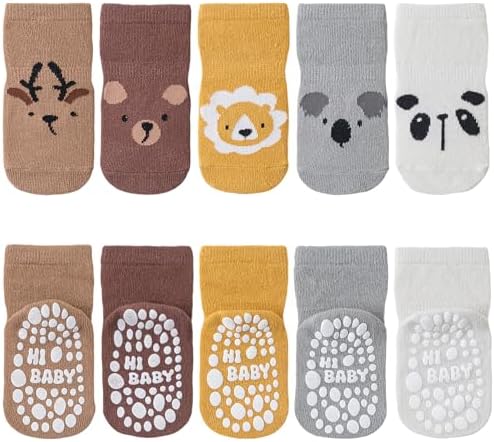 SockWaddles Stoppersocken Kinder Baby, 5 Paar ABS Atmungsaktiv Antirutschsocken Kinder, Krabbelsocken Baby Baumwolle, Jungen und Mädchen Crew Socken mit Tiere