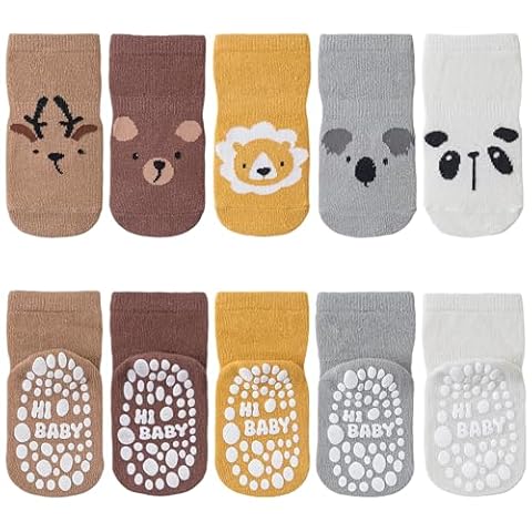 SockWaddles skarpetki dziecięce, 5 par oddychających skarpetek antypoślizgowych dla dzieci z ABS, skarpetki do raczkowania dla dzieci z bawełny, zwierzętami i jednorożcami