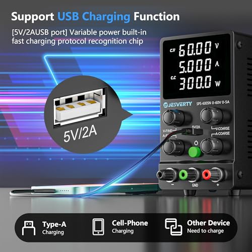 Image of DC Power Supply Variable, 60V 5A Adjustable Switching Regulated DC Bench Power Supply with High Precision 4-Digits LED Display, 5V /2A USB Port, Coarse and Fine Adjustments SPS-6005N