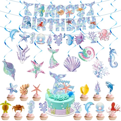 Decoraciones de Cumpleaños de Sirenas, Decoraciones de Espirales de Sirenas, Banderines Feliz Cumpleaños, Decoraciones de Tartas para Fiestas Temáticas