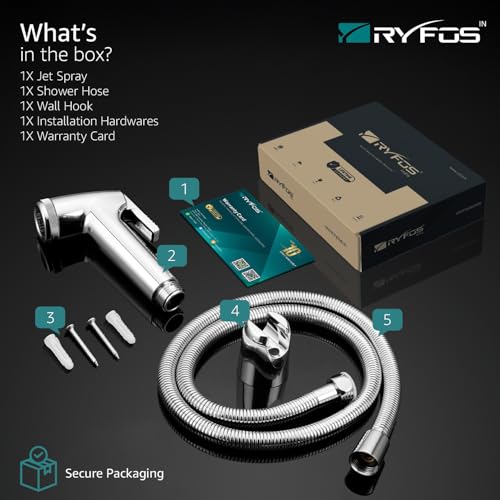 Image of India's 1st Lifetime Support Brand, R1010HF, ABS, Health Faucet | Jet Spray Gun for Toilet with SS-304 Grade 1-1.25 Mtr Grade Flexible Hose Pipe & Wall Hook | Chrome Finish